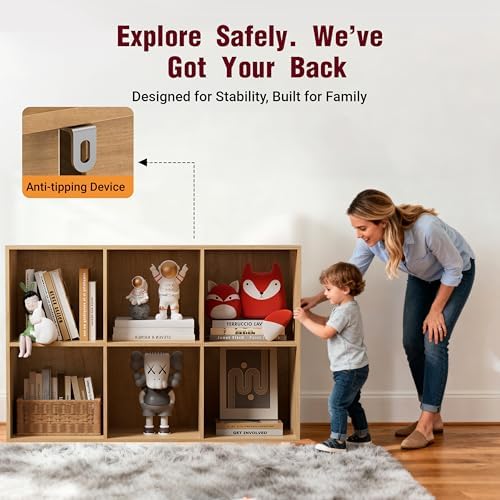 Book Shelf, Wooden Cube Storage Organizer with 11" Open Cubes, Stackable Modular Bookcase for Room Divider Storage, 2 Tier Bookshelf for Living Room, Bedroom, Office (Oak, 6-Cube) - Image 4