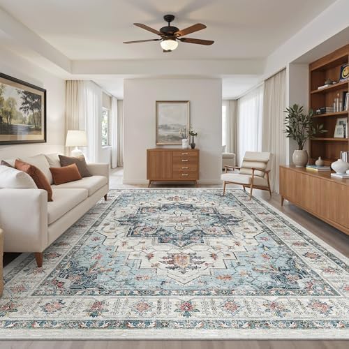 Madane 8x10 Area Rugs for Living Room, Non-Slip Vintage Washable Rug, Blue by Madane