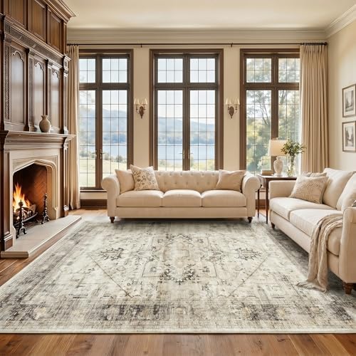 AMADA HOMEFURNISHING Washable Area Rug, Low-Profile Large Area Rug with Non-Slip Backing & Durable Edge Binding, Vintage Large Rugs for Living Room, Bedroom, Dinning Room, 9x12, Grey/Beige - Image 4