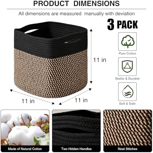 11 Inch Cube Storage Bins, 11x11 Cube Storage Bins for Cube Organizer, Square Cloth Storage Cubes, Woven Storage Baskets for Shelves, Toy Baskets Storage Kids, Black & Jute (Pack of 3) - Image 2