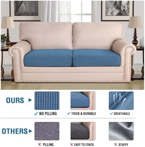 H.VERSAILTEX Super Stretch Individual Seat Cushion Covers - Sofa & Couch Cushion Slipcover Sets - Thick Jacquard Textured Twill Fabric (2 Piece Large, Dusty Blue) - Image 2