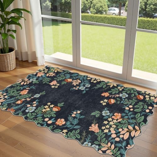 Dark Navy Floral Entry Rug - 3x5 Ft Washable Indoor Outdoor Mats for Front Door Porch Rug Non-Slip Spring Door Mat Boho Throw Rugs for Living Room Bedroom Entryway Kitchen Office Porch Decor by Othilic