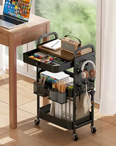 ALVOROG 3 Tier Metal Rolling Cart with Drawer,Wood Top,Pegboards,Black - Image 4