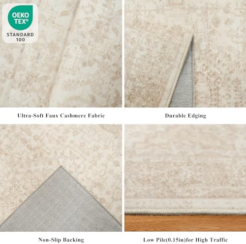 3x6 Washable Entryway Runner Rug – Non-Slip Wide Carpet Runner for Kitchen Hallway Bathroom, Neutral Vintage Distressed Low Pile Indoor Door Mat (Ivory Beige) - Image 5