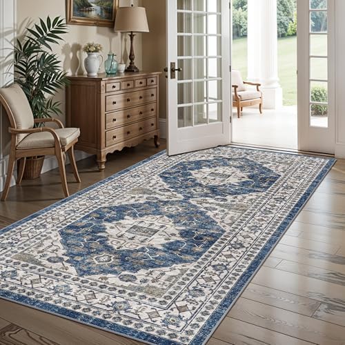 Washable 4x8 Hallway Runner Rug: Vintage 8ft Soft Runners for Entry Kitchen Wide Low Pile Carpet with Non-Slip Backing for Living Room Bedroom Thin Bathroom Carpet for Dining Room Foyer（4x8,Blue - Image 5