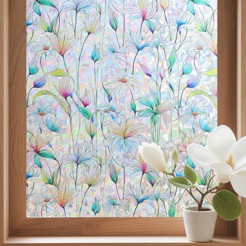 Donox Decorative Window Privacy Film, 3D Floral Stained Glass Window Film Static Cling Rainbow Privacy Sticker for Glass Door Heat Control Anti UV, No Adhesive (Magnolia,17.5 x 78.7 inches) by Donox