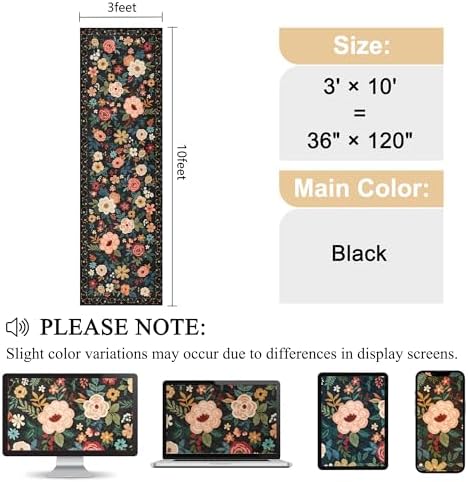 DUKINO 3x10 Runner Rug, Floral Washable Kitchen Runner Rug Non Slip, Black - Image 2