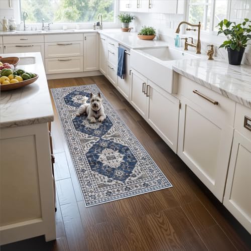2x5 Washable Hallway Runner Rug: Indoor Farmhouse Entryway Kitchen Rugs Oriental Thin Non-Slip Water Resisitant Carpet for Bathroom Laudry Ultra Soft Floor Mat for Living Room Bedroom(2X5,Blue) by HYHAOYUNLAI