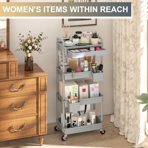 Goovilla 4 Tier Rolling Utility Cart Organizer with Removable Drawer, Grey - Image 5