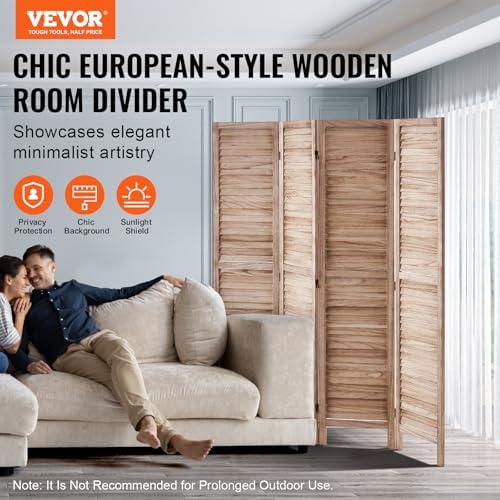 VEVOR Wood Room Divider, 4 Panel Wood Folding Privacy Screen, 66.9 Inches Tall Indoor Louvered Wooden Partition, Portable Decoration Screen, for Room Separation, Home, Office, Restaurant & Bedroom - Image 2