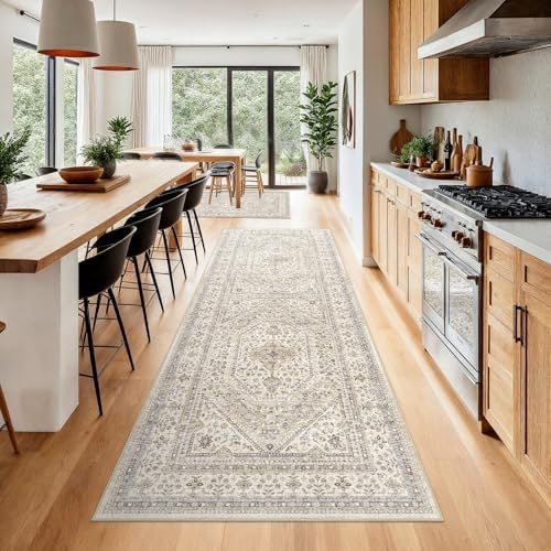 3x7 Washable Hallway Runner Rug - Non-Slip Vintage Kitchen Rugs Beige Gray - Image 2