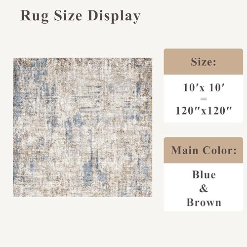 10x10 ft Square Living Room Rug – Washable Modern Abstract Area Rug for Bedroom, Dining Room, Playroom – Neutral Non-Slip Low-Pile Thin Indoor Carpet（Blue Brown） - Image 2