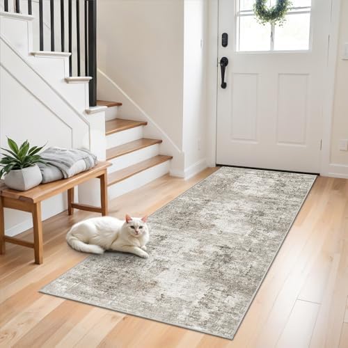 2x6 Washable Non-Slip Hallway Runner Rug – Modern Abstract Soft Carpet Runner for Kitchen, Bedroom with Rubber Backing – Low-Pile Thin Stain-Resistant Rug for Laundry Room, Entryway – Beige/Grey by ZHXXUJ