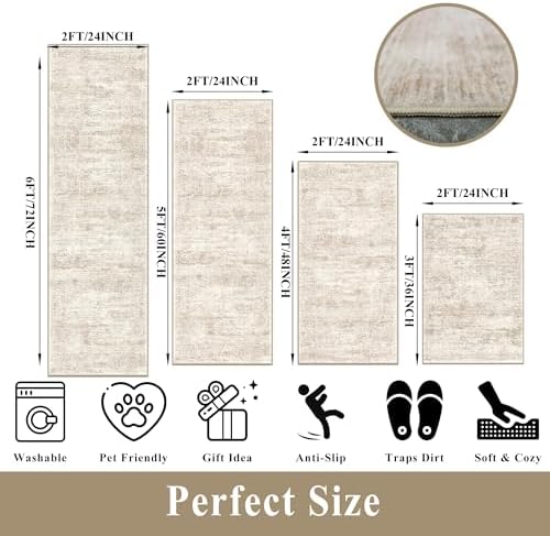 4 Piece Washable Kitchen Rug Set, Non Slip Kitchen Mats for Floor Stain Resistant Waterproof Kitchen Sink Rug Set for Kitchen, Floor, Office(Cream Beige, 2x3+2x4+2x5+2x6) - Image 2