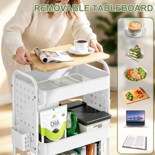 3 Tier Rolling Cart with Table top, Metal Utility Cart with DIY Pegboard - Image 4