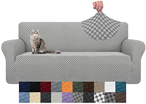 YEMYHOM Couch Cover Latest Jacquard Design High Stretch Sofa Covers for 3 Cushion Couch, Pet Dog Cat Proof Slipcover Non Slip Magic Elastic Furniture Protector (Large, Light Gray Checkered) by YEMYHOM