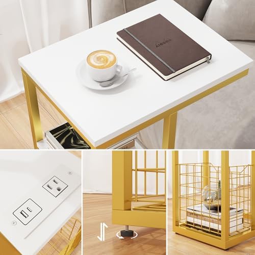 Vagusicc C Shaped End Table with Charging Station, Side Table for Couch, Small Side End Table for Small Spaces, 28" High Slide Under Sofa Table for Coffee, Tv Tray Table for Living Room, Golden - Image 4