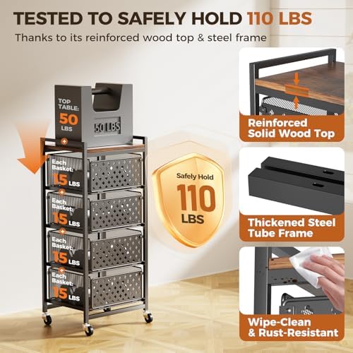 5 Tier Kitchen Storage Cart with Wheels, Utility Fruit Vegetable Storage Rack Stand with Pull-Out Baskets & Wood Top, Metal 4-Drawers Rolling Snack Cart, Kitchen Cart for Potato Onion(Black) - Image 2
