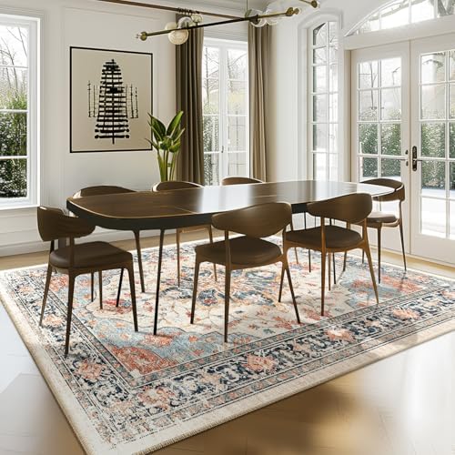RELEANY Washable Area Rug, 7'x9', Beige/Blue/Orange by RELEANY