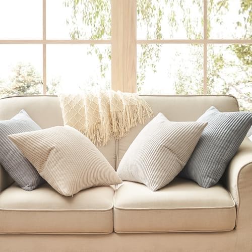 Topfinel 4 Packs Neutral Decorative Throw Pillows Covers 26x26 Inch for Living Room Couch Bed Sofa, Rustic Farmhouse Boho Neutral Home Decor, Soft Plush Striped Corduroy Square Cushion Case 65x65 cm - Image 4