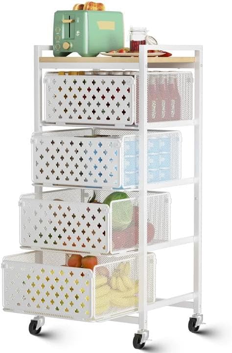 5 Tier Kitchen Storage Cart with Wheels, Utility Fruit Vegetable Storage Rack Stand with Pull-Out Baskets & Wood Top, Metal 4-Drawers Rolling Snack Cart, Kitchen Cart for Potato Onion(White) by Xpatee