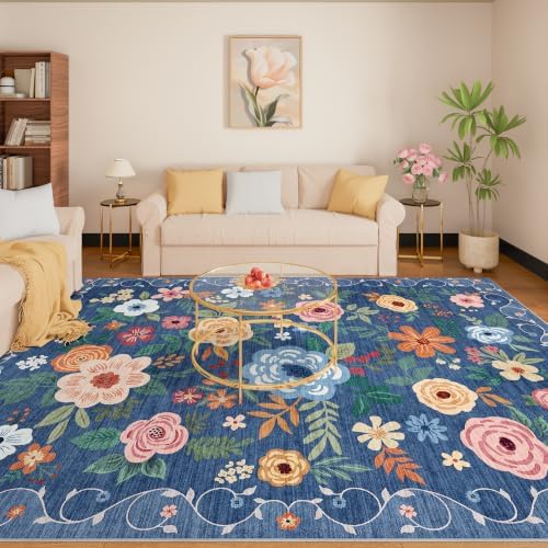 DUKINO 8x10 Area Rugs, Floral Washable Living Room Rug Non Slip, Blue - Image 3