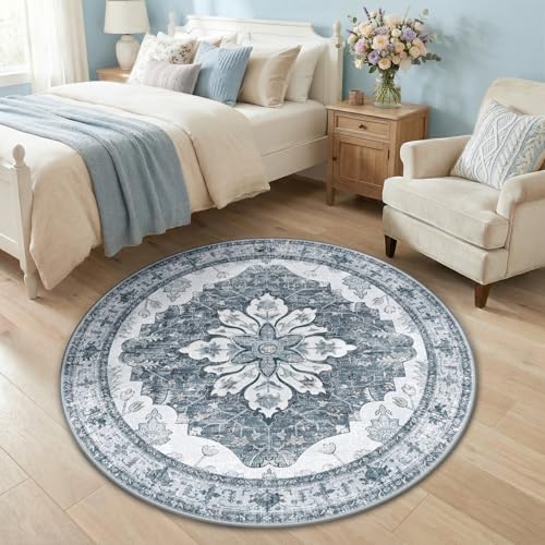 RELEANY Washable Area Rug, Round 4ft, Grey/White/Beige by RELEANY