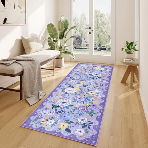 DUKINO 2.6x8 Runner Rug, Washable Runner Rug for Hallway Non Slip, Purple - Image 3