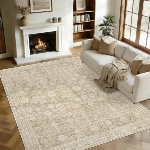 6x9 Area Rugs for Living Room: Washable Vintage Floral Rug Low Pile Non-Slip Boho Carpet for Nursery Bedroom Dining Room (Brown, 6'x9') by LOSBULAKE