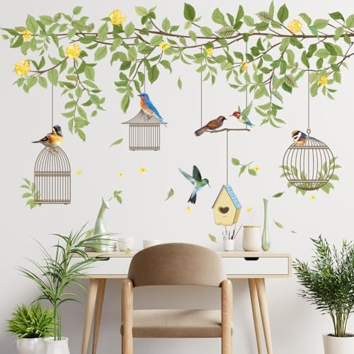 Hanging Green Vine Wall Decals,Succulent Plants Wisteria Floral Flowers Butterflies Birds Wall Stickers, Self-Adhesive Vinyl Removable Living Room Sofa TV Wall Decor - Image 3