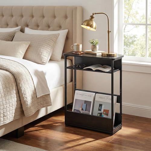 Narrow Side Table,3-Tier Slim End Table with Storage Shelf,Modern Sofa Table Thin Side Table for Narrow and Small Spaces, Skinny Bedside Table Small Nightstand with Magazine Rack Space Saving/Black - Image 2