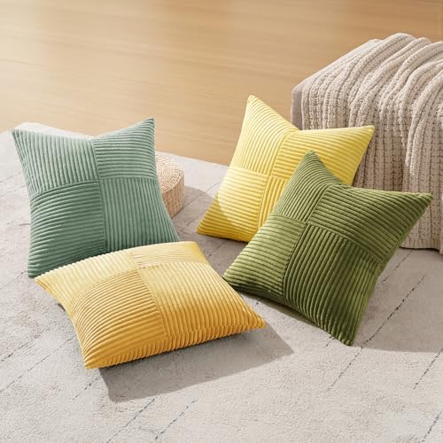 MIULEE Boho Farmhouse Spring Decorative Throw Pillow Covers 18x18 Inch 4 Packs Soft Vintage Pillow Cases Modern Corduroy Patchwork Cushion Covers for Couch Sofa Bed Summer Home Decor, Yellow Green - Image 3