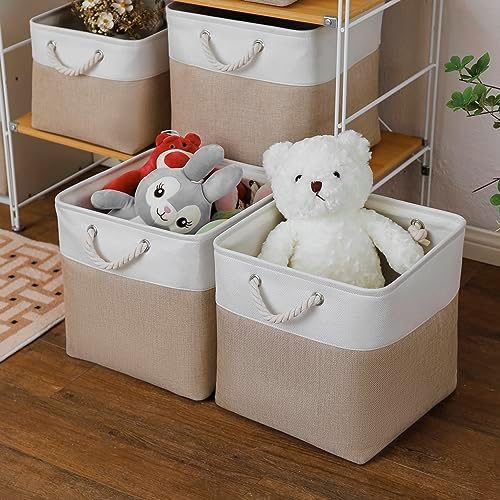 MidmmVick 13 x 13 Inch Cube Storage Bins, 4 Pack Large Collapsible Fabric Storage Bin with Ropes, Foldable Storage Cubes for Home, Office,Closet, Clothes, Toys Organizer (White & Beige) - Image 3