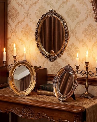 Wonderjune 3 Pcs Vintage Gold Mirror Set for Wall Decorative Resin Frame Ornate Antique Hanging and Tabletop Mirror for Home Dresser Gallery Decor Photography Props Gift (Retro Style) - Image 5