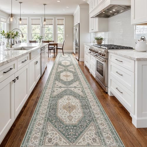 3x20 Washable Hallway Runner Rug - Non-Slip Wide Vintage Rugs Green Beige - Image 2