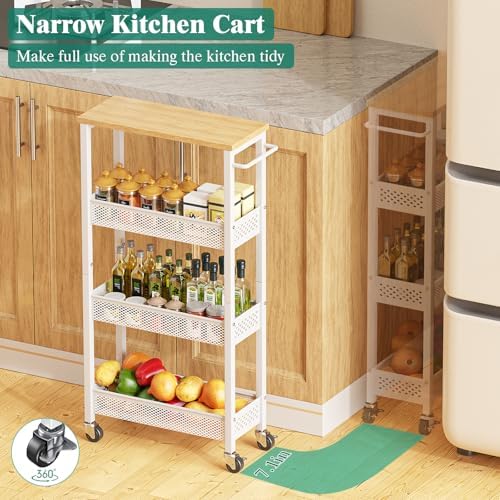 Giwil Slim Rolling Storage Cart 4 Tier Bathroom Organizer Mobile Shelving Unit Utility Cart with Wood Top and Handle for Kitchen Laundry Narrow Places, White - Image 2