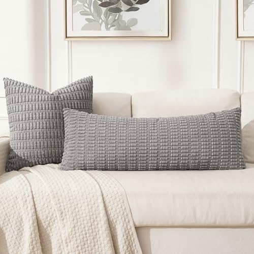 MIULEE Lumbar Corduroy Throw Pillow Cover for Bed 14x36 Light Grey Set of 1 - Image 3