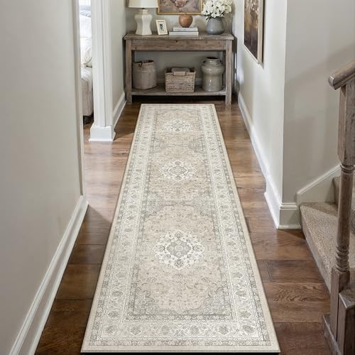 2x8 Washable Runner Rug Beige Brown Non Slip Vintage Carpet by WondRg