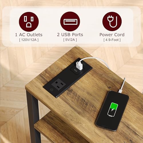 Narrow Side Table with Charging Station Slim End Table Sofa with Magazine Rack, Bedside Table for Small Spaces, 3 Tier Nightstand for Living Room Couch, Bedroom Walnut Brown LET503BRE - Image 4