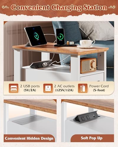 WLIVE Farmhouse End Table with Charging Station, Narrow Side Table with Storage, Small Nightstand with USB Ports and Outlets ，Bedside Cabine for Bedroom, Living Room,White - Image 4