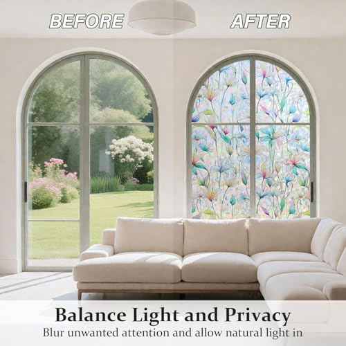 Donox Decorative Window Privacy Film, 3D Floral Stained Glass Window Film Static Cling Rainbow Privacy Sticker for Glass Door Heat Control Anti UV, No Adhesive (Magnolia,17.5 x 78.7 inches) - Image 3
