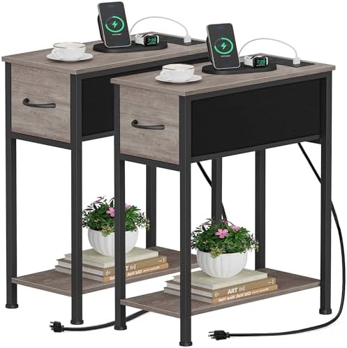 Vagusicc End Table Set of 2 with Charging Station, Narrow Side Table Nightstand with Fabric Drawer, Slim Nightstand for Bedroom, Small Bedside Table, Slim Sofa Side Table for Small Spaces, Greige by Vagusicc