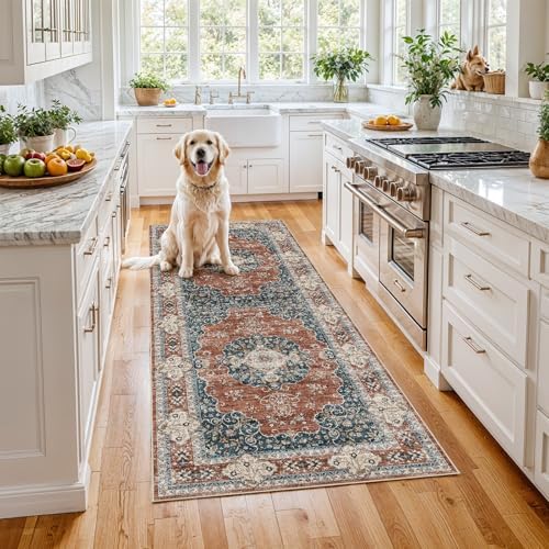 Ksrau 3x6 Runner Rug Washable Vintage: Non Slip Hallway Runners Brick/Blue by Ksrau