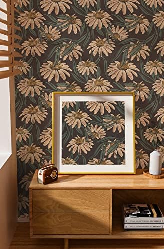 HAOKHOME Vintage Peel and Stick Wallpaper Floral Brown/PeachPuff/Green Daisy Wall Decor Home Bathroom Boho Decor 17.3in x 9.8ft - Image 2