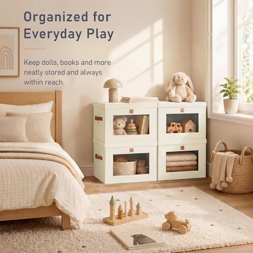 DIMJ Storage Bins with Lids - 6 Pack Front Opening Stackable Fabric Storage Boxes with Clear Window & Handles, Collapsible Closet Organizers for Clothes, Sweaters, Shelf Storage, Bedroom, Beige - Image 4