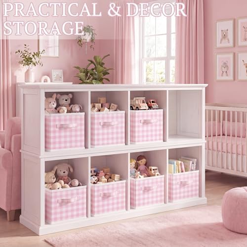 Yalikop 6 Pcs Pink Gingham Cube Storage Bins, 11 Inch Fabric Checkered Classroom Storage Bins Organizer with Handle Preppy Collapsible Cubby Basket for Classroom Home Nursery Playroom Bedroom - Image 5