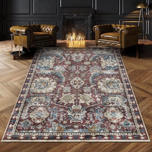 RUGSURE Washable Area Rugs - Perfect for Living Room, Bedroom, Kids Room, Nursery - Stain & Water Resistant Non-Slip, Pet & Child Friendly, Vintage Tribal Area Rugs (Rust and Bule, 9' x 12') by RUGSURE