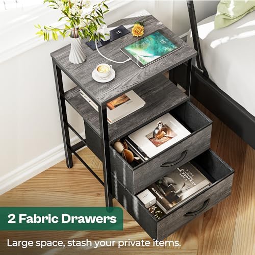 Huuger Nightstand with Charging Station, Side Table with Fabric Drawers - Image 5