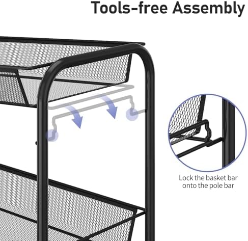 TOOLF 3 Tier Rolling Cart, Metal Utility Storage Cart with Wheels, Black | 3 Hooks, Screwless Assembly, Trolley Organizer for Bathroom, Kitchen, Office, Nursery, Dorm, Laundry Room - Image 4