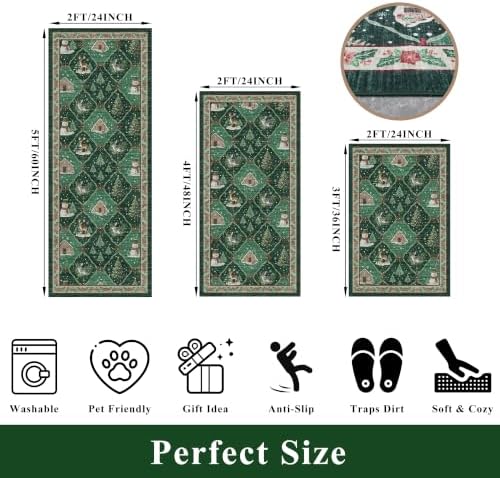 Christmas Decorations Kitchen Rugs Set of 3: Washable Non-Slip Kitchen Mat for Floor Snowman and Gnome Soft Vintage Farmhouse Runner Rug for Sink Floor Mats ＆Indoor, Hallway, Entryway, (Green) - Image 2